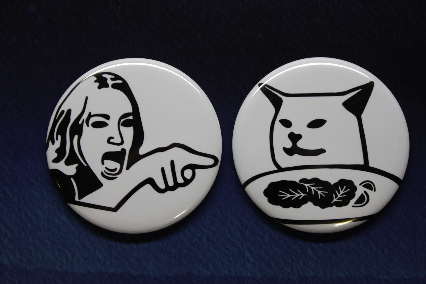 Lady Yelling At Cat Meme Button Magnet or Bottle Opener